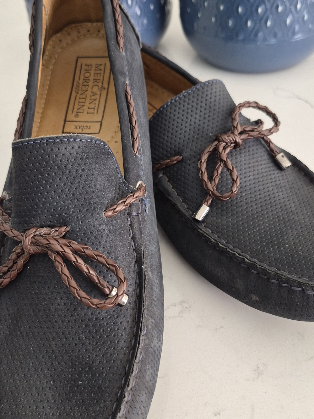 Mercanti Fiorentini Navy Suede Slip-On Loafers with Brown Braided Laces